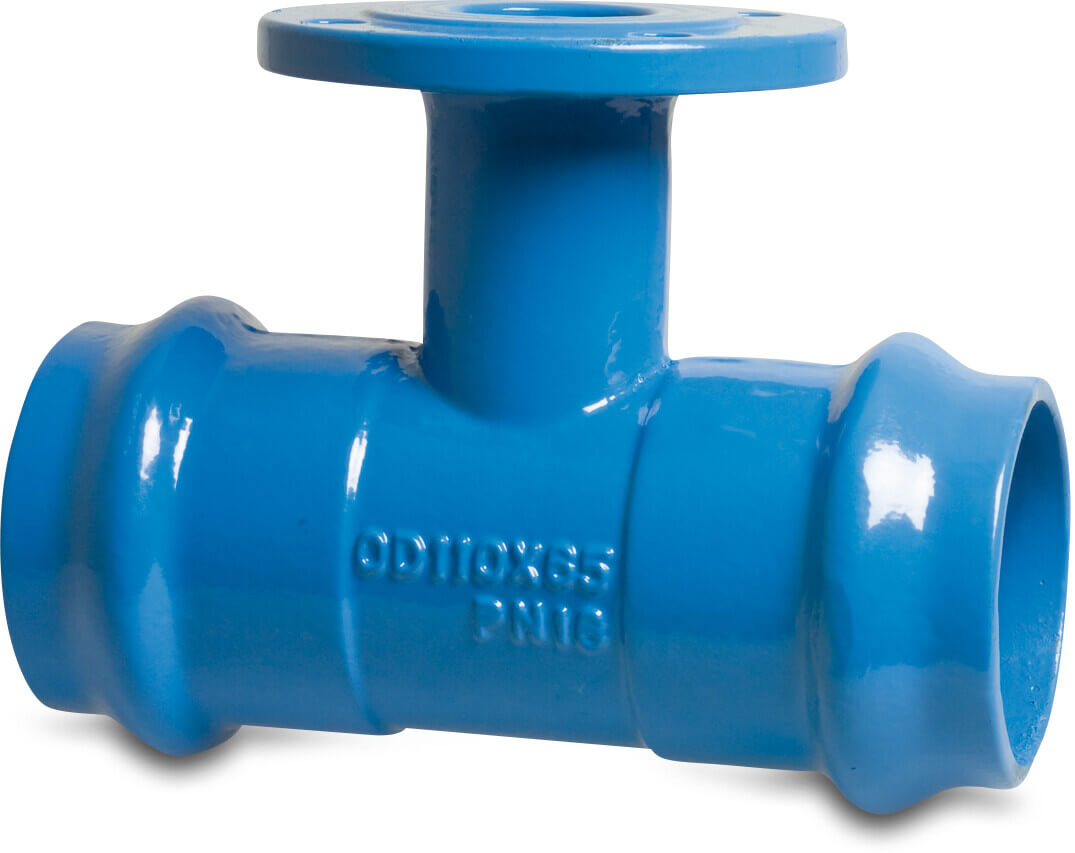 Profec T-Piece 90° ductile iron (GGG40) epoxy coating 160 mm x DN100 x 160 mm ring seal x DIN flange x ring seal 10bar blue PN10/16 type MMA-KS