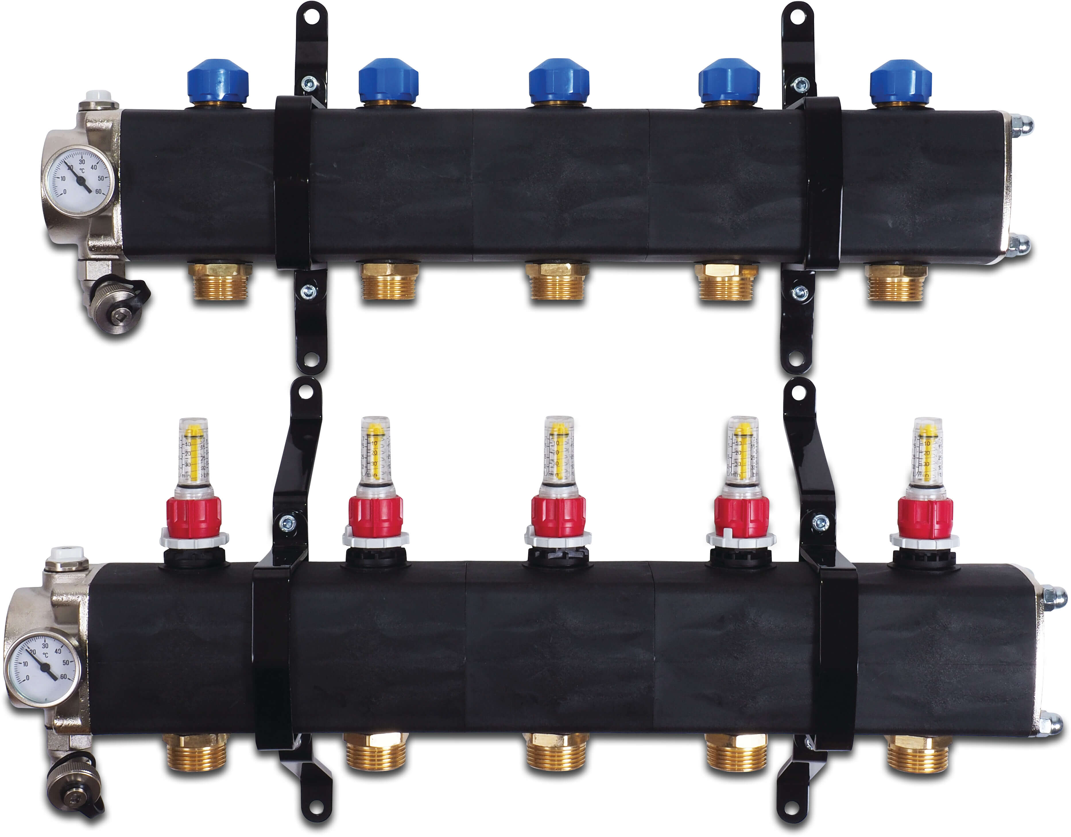 Manifold plastic 1" male thread black type Geo Flow 6-groups