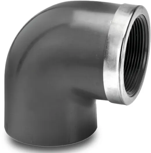 VDL Adaptor elbow 90° PVC-U 20 mm x 1/2" glue socket x female thread 16bar grey with stainless steel ring type reinforced