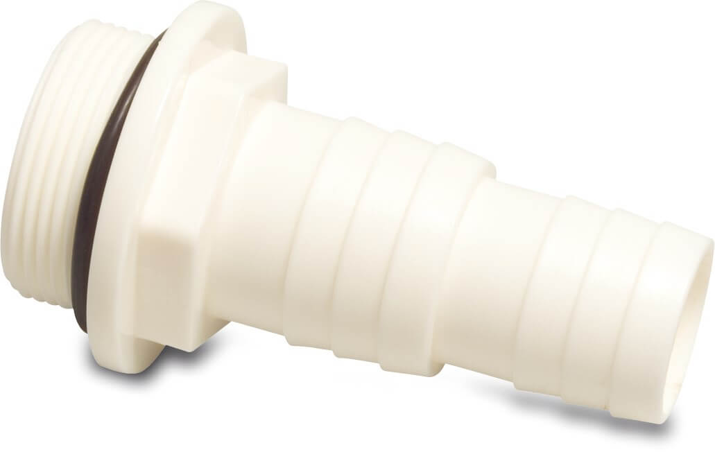 Hose tail adaptor 1 1/2" x 32-38 mm male thread x hose tail 10bar white