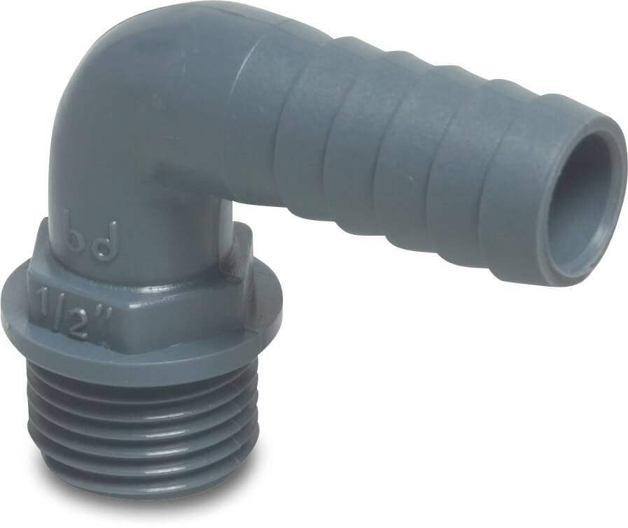 Hose tail elbow 90° PP 3/8" x 12 mm male thread x hose tail 10bar grey