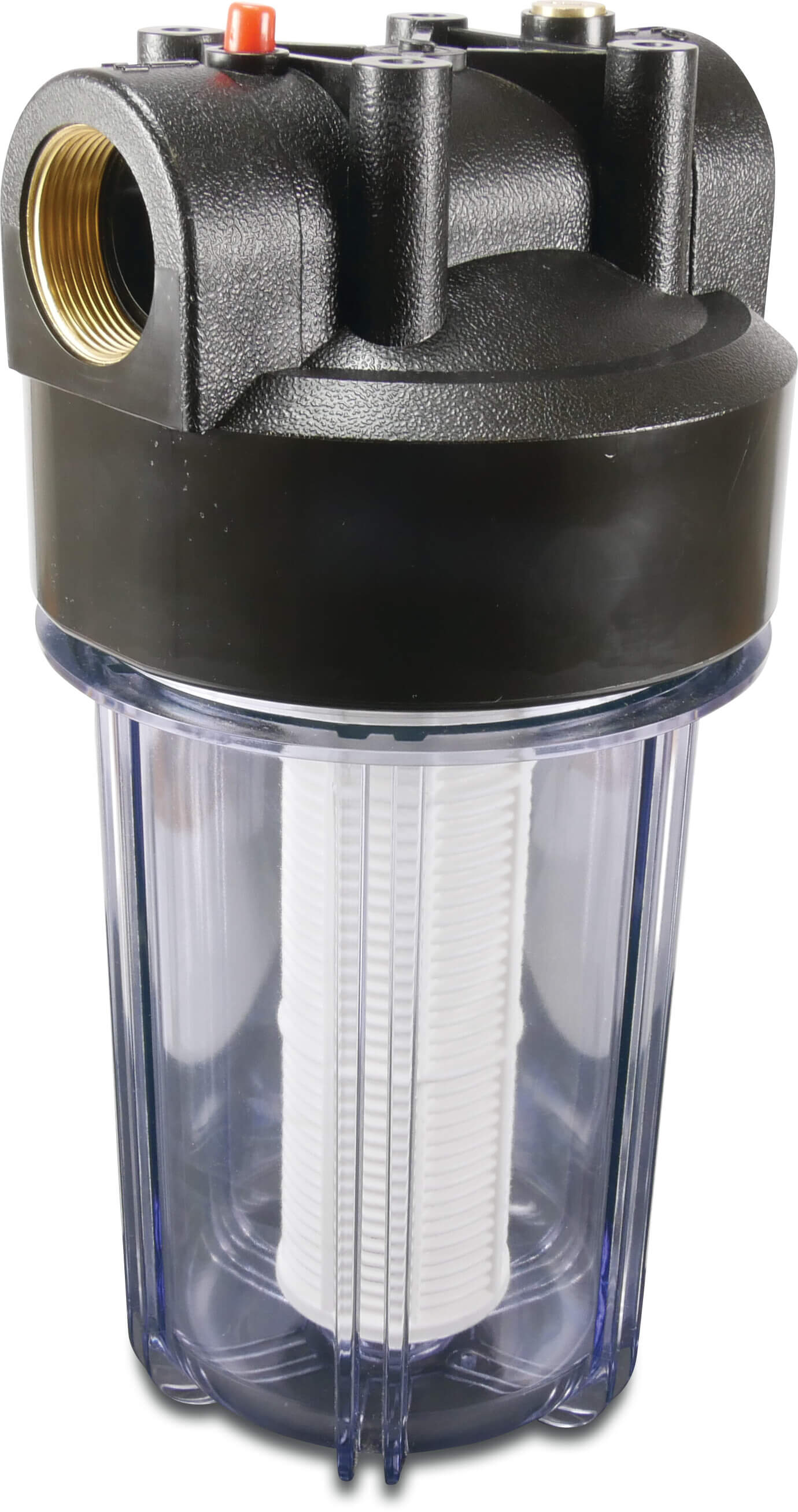 Profec Vandfilter 10" plastik 1 1/4" indvendig gevind 8bar 60mikron nylon filterpatron hvid/sort type med 1/8" manometer tilslutning 10"