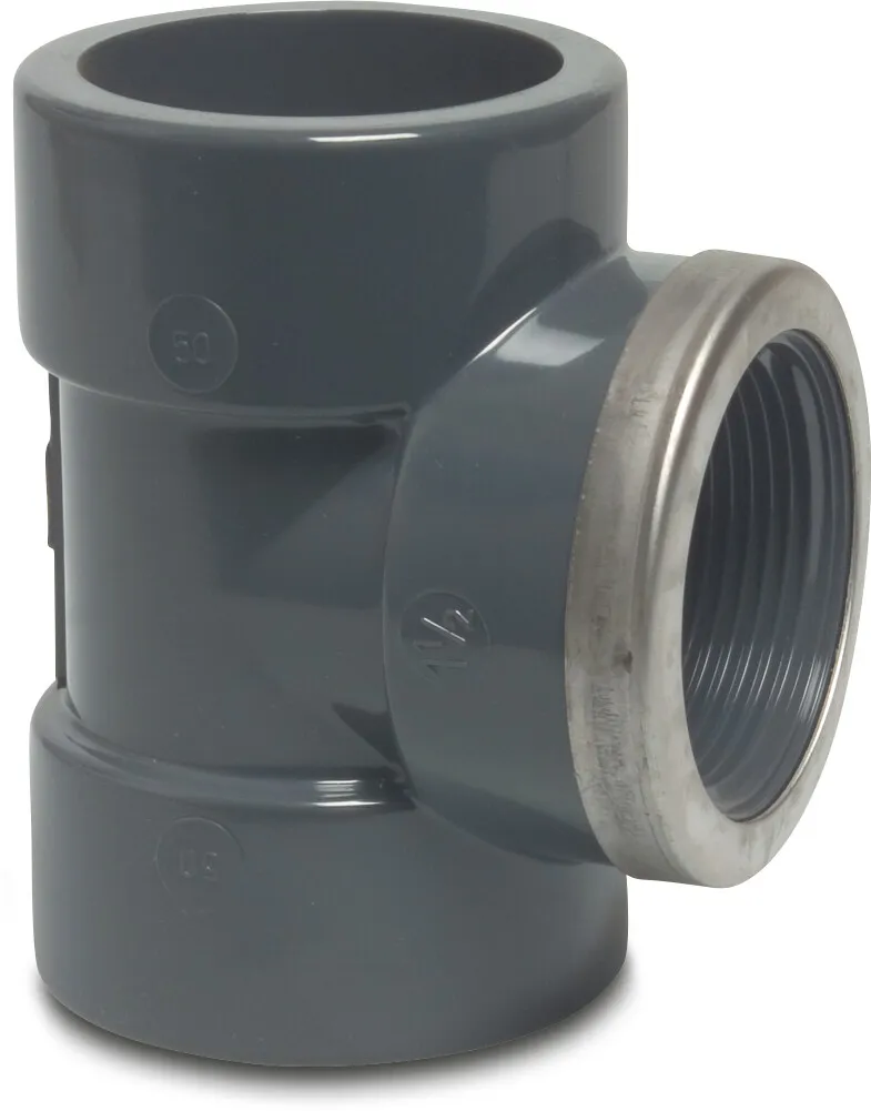 Profec T-stuk 90° PVC-U 40 mm x 1 1/4" x 40 mm lijmmof x binnendraad x lijmmof 16bar grijs met RVS ring type versterkt