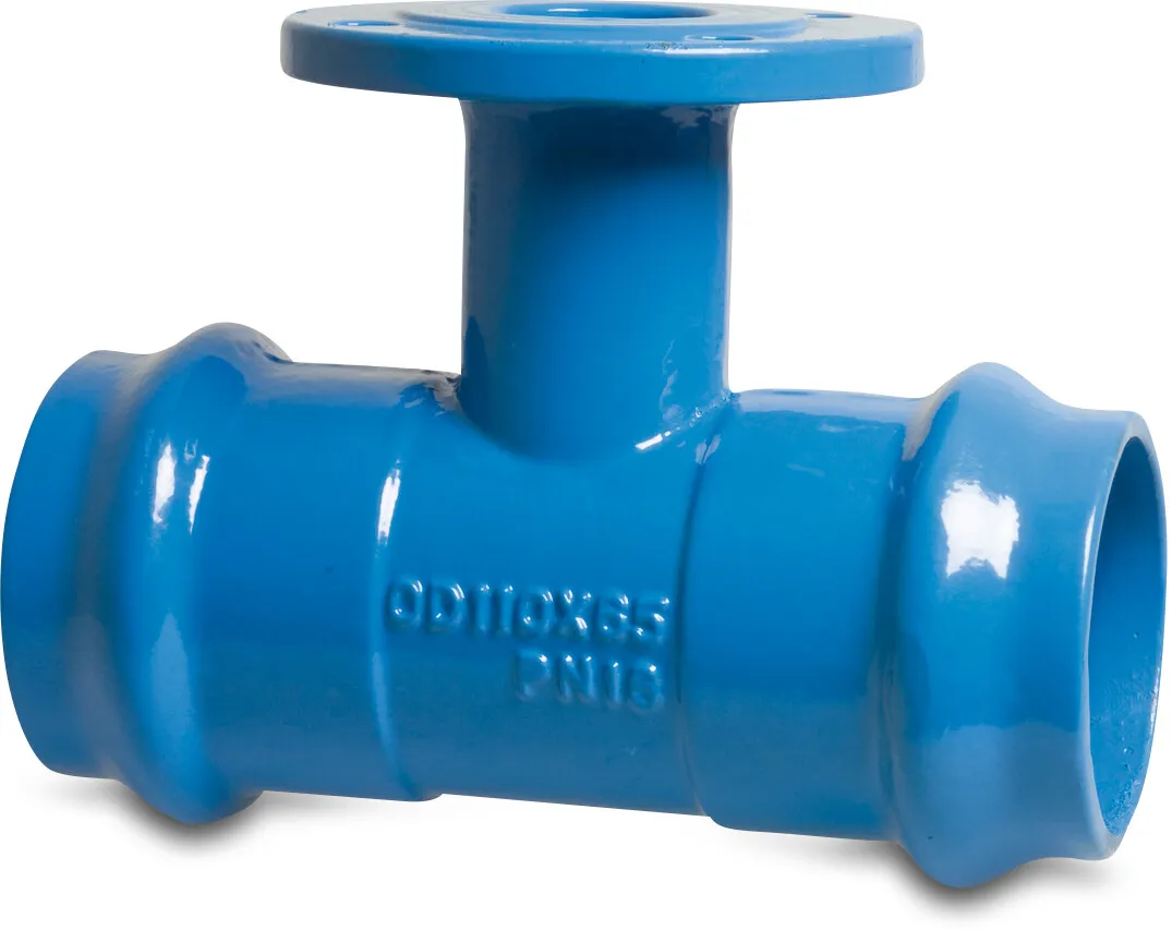 Profec T-Piece 90° ductile iron (GGG40) epoxy coating 110 mm x DN80 x 110 mm ring seal x DIN flange x ring seal 10bar blue PN10/16 type MMA-KS