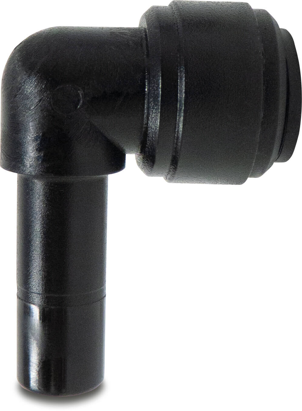 Union adaptor elbow 90° POM 6 mm x 8 mm spigot x push-in 20bar black WRAS type Aquaspeed