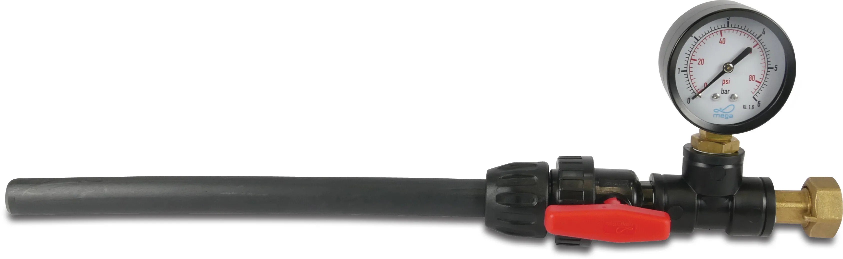 Tap water pressure/flow meter with connection to tap 20 mm x 3/4" slät x invändig gänga mutter 0-6bar