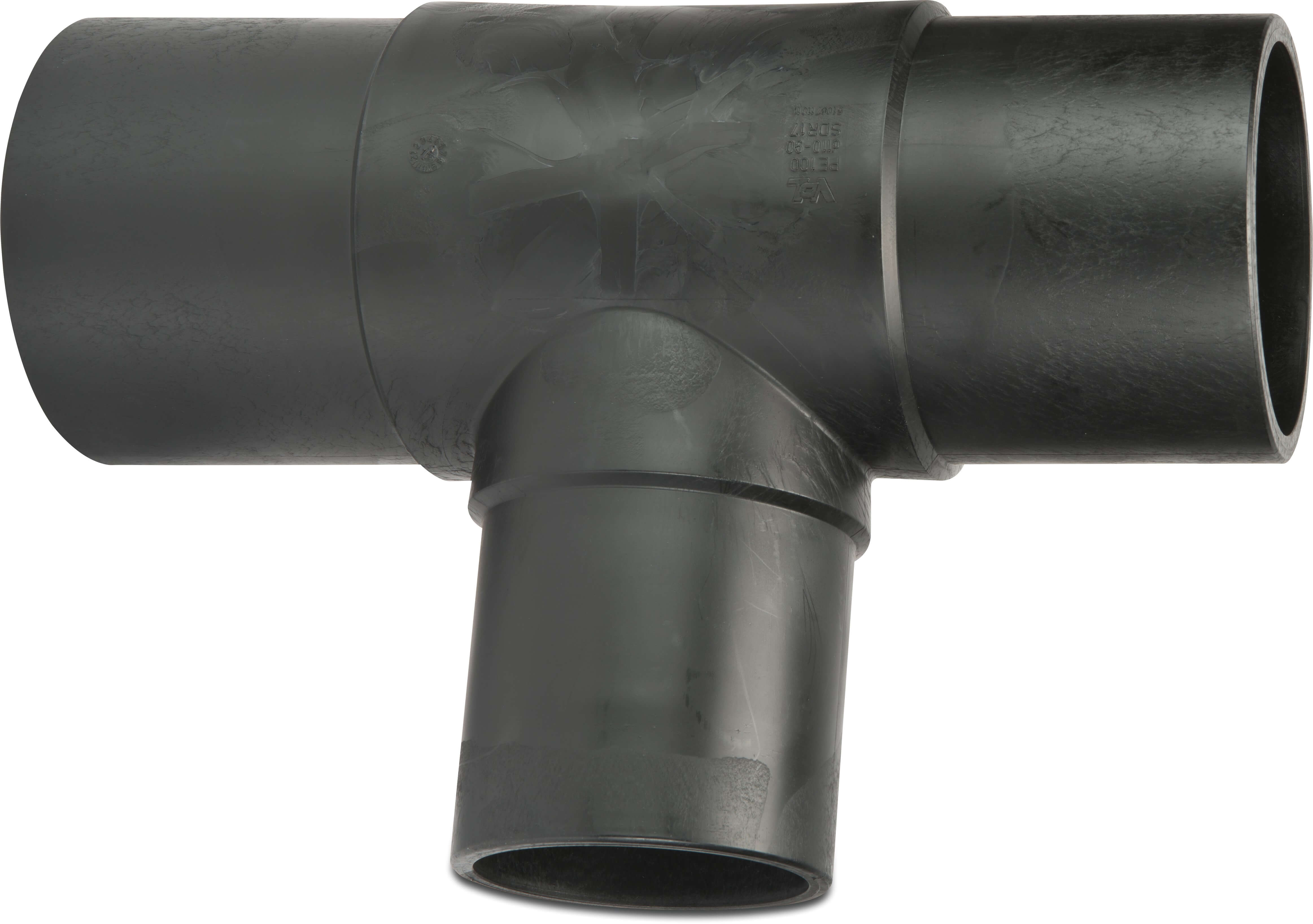 VDL T-piece 90° reduced PE100 63 mm x 50 mm x 63 mm spigot SDR 11 10bar 16bar black DVGW/KIWA