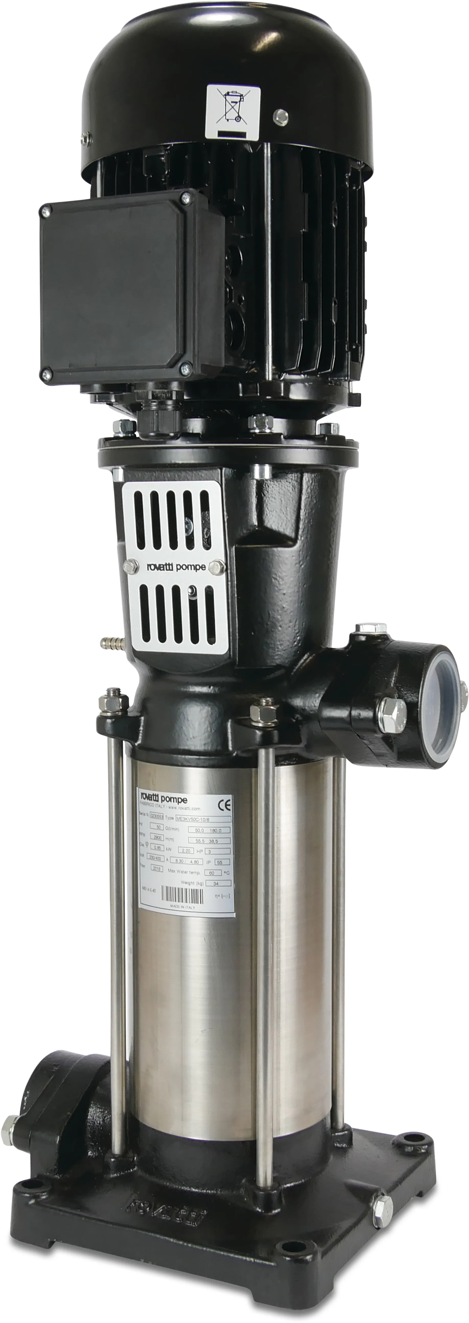 Rovatti Meertraps centrifugaalpomp RVS 2" binnendraad 230/400VAC zwart type compact ME 4KV50C-18/6