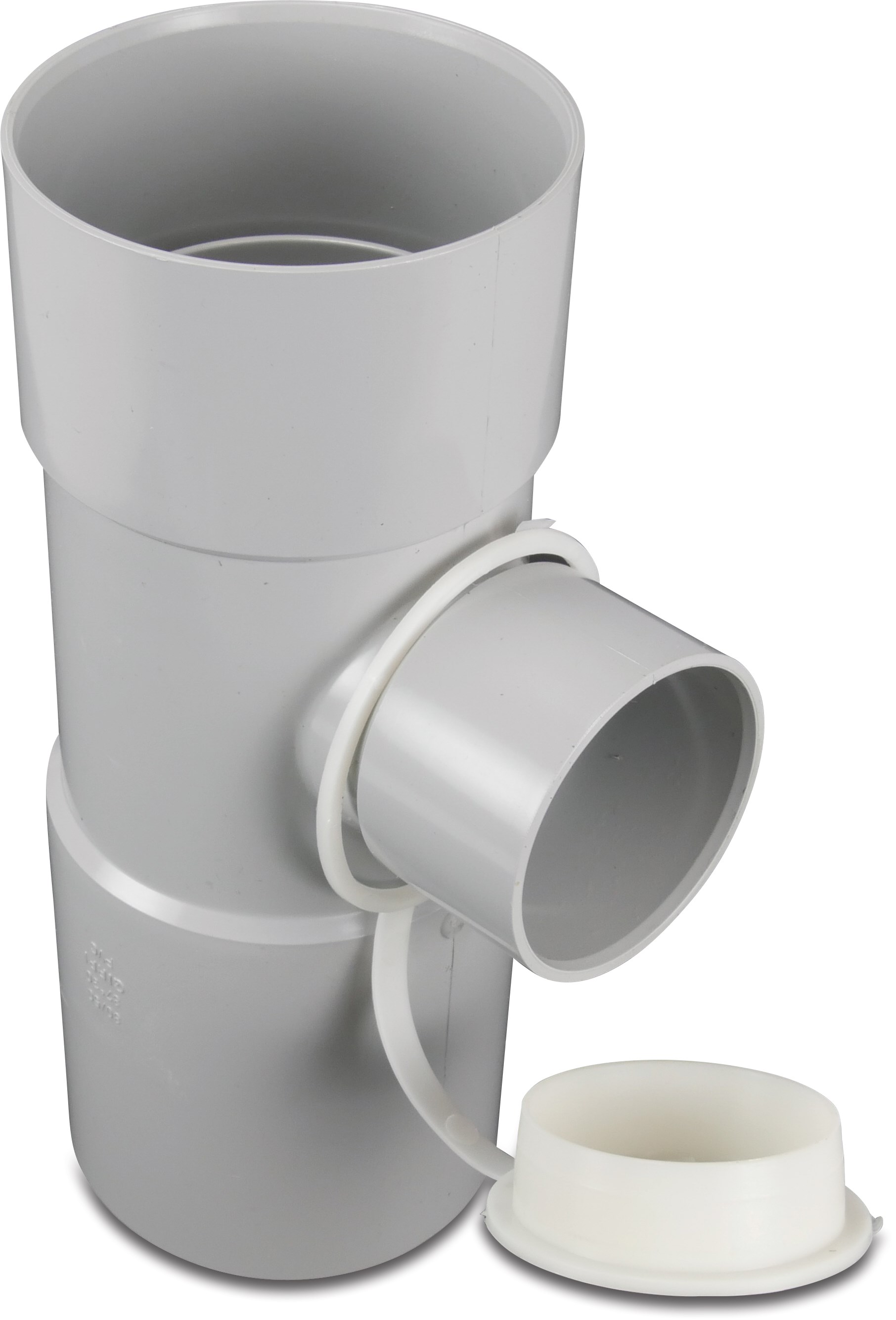 T-piece 90° PVC-U 80 mm glue socket grey type with leaf catcher and overflow 50mm