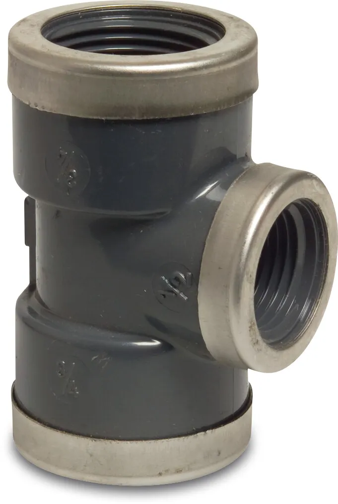 T-stuk 90° PVC-U 3/4" x 1/2" x 3/4" binnendraad 16bar grijs type versterkt P1