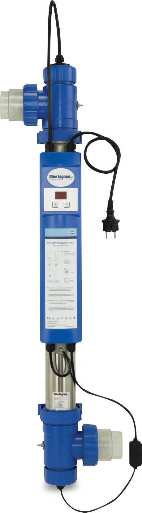 Blue Lagoon UV-C desinfektionsenhed rustfri stål 316L 63 mm x 1 1/2" limmuffe x indvendig gevind 2bar type UV-C Ioniser 75 Watt