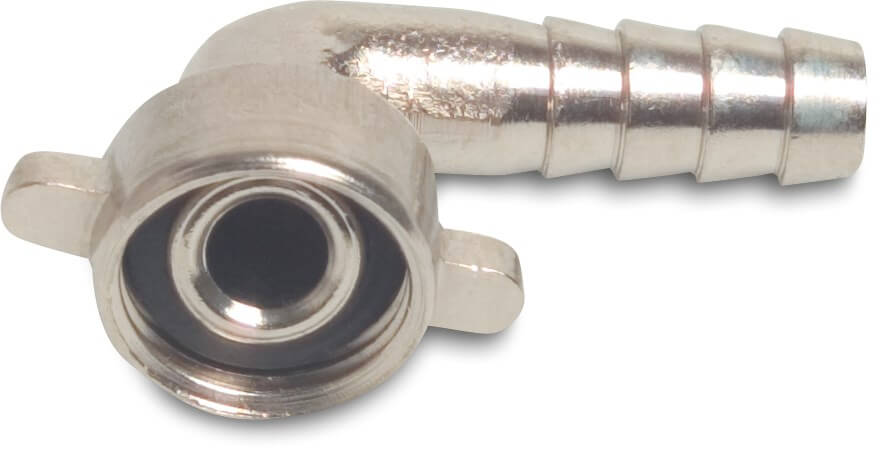 Hose tail 2/3 union adaptor elbow 90° brass nickel plated 1/2" x 13 mm female threaded nut x hose tail type flat seal