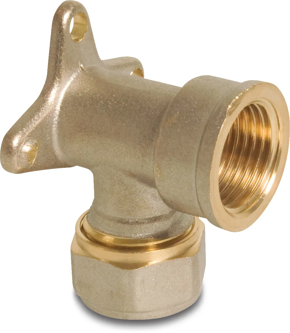 Muurplaat 90° messing vernikkeld 16 mm x 1/2" knel x binnendraad type Alu-PE-X S2