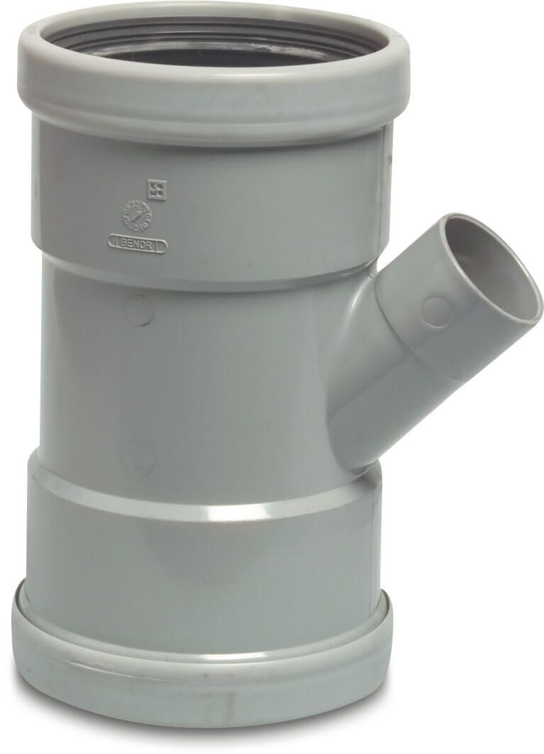Drainage reducer T-piece 45° PVC-U 110 mm x 75 mm x 110 mm SN4 ring seal x glue socket x ring seal grey KOMO/BENOR