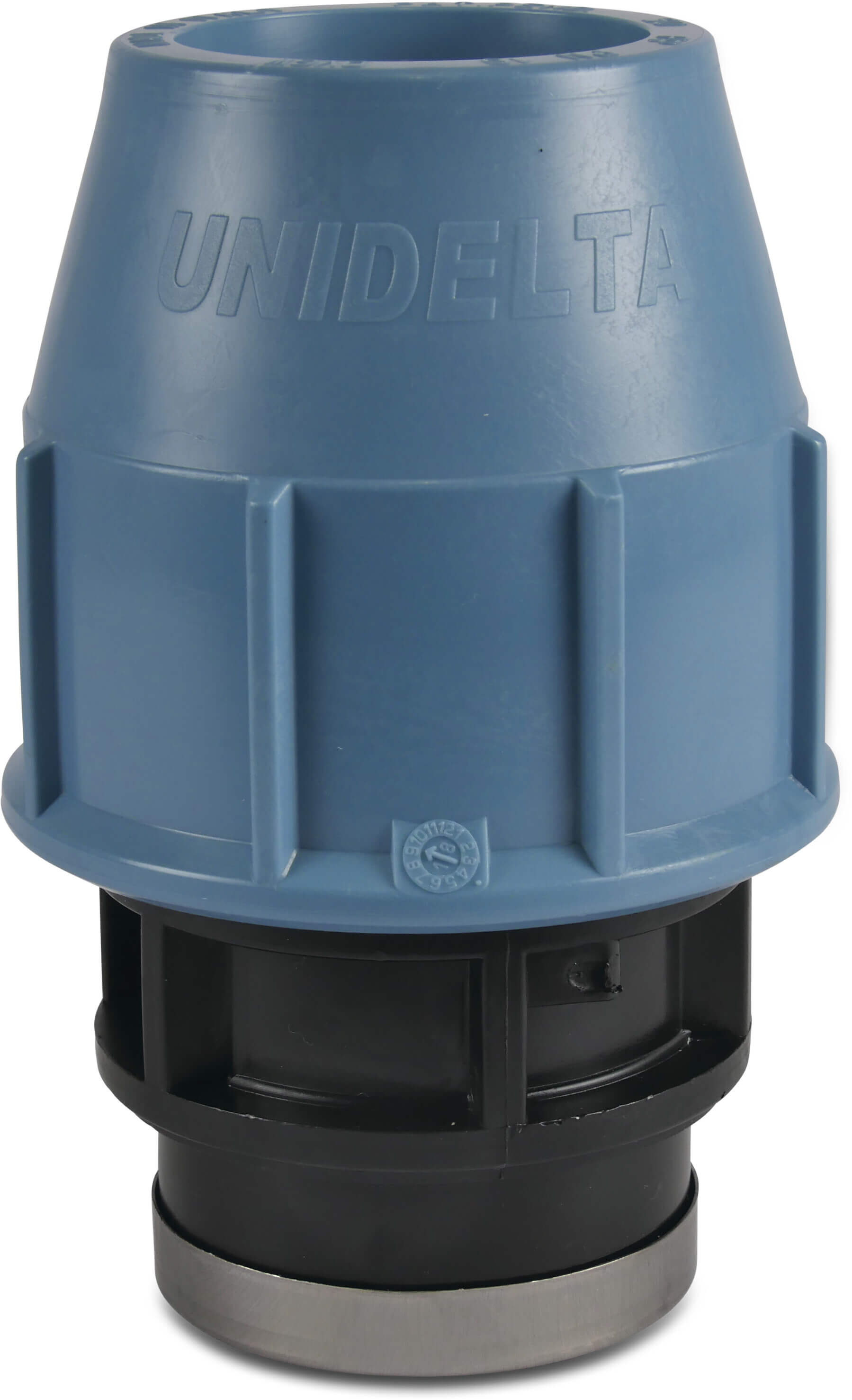 Unidelta Kupplung PP 20 mm x 1/2" Klemm x Innengewinde 16bar Schwarz/Blau DVGW/KIWA/WRAS