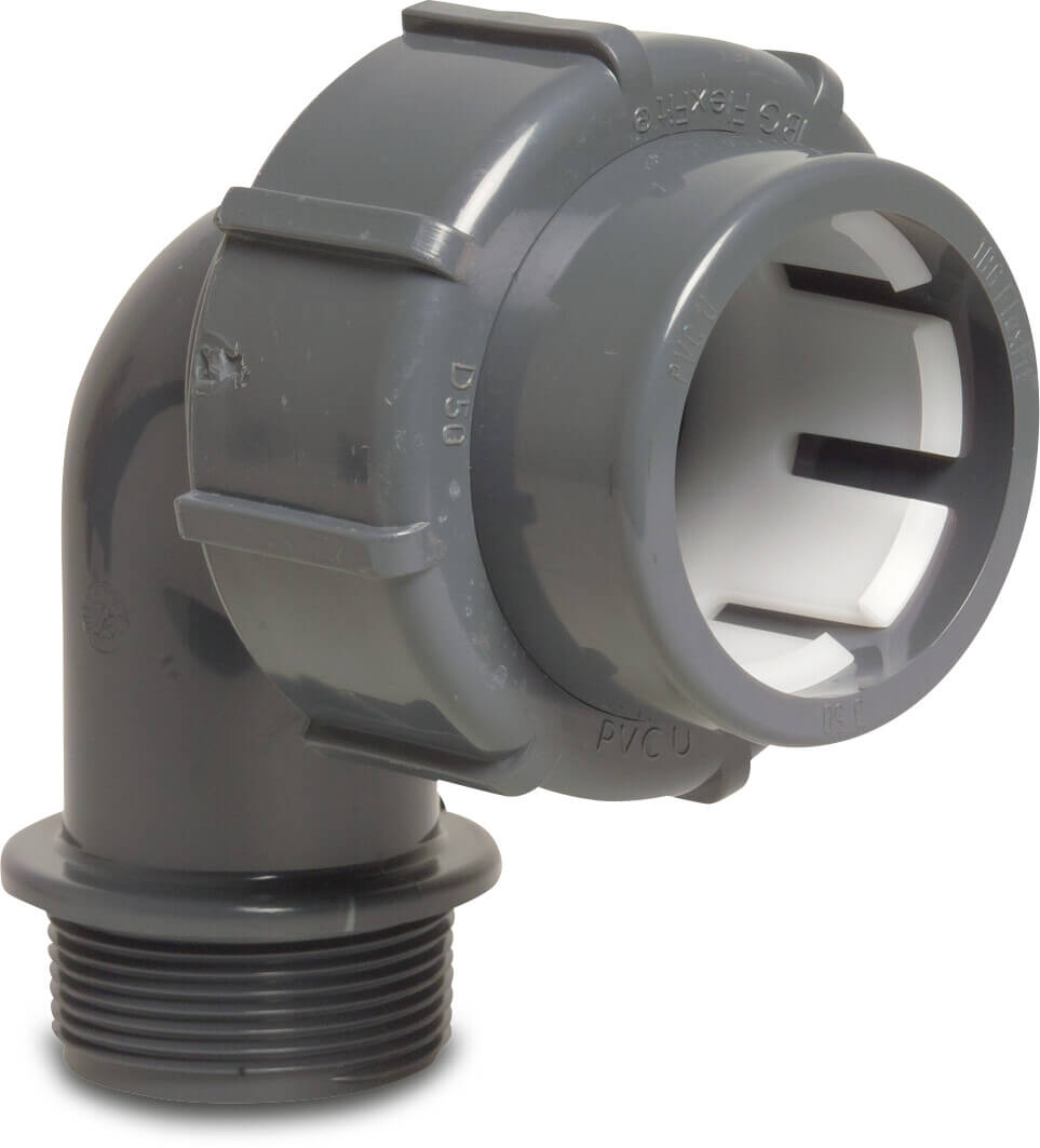 Vinkel 90° PVC-U 50 mm x 1 1/2" spænd x udvendig gevind 4bar grå