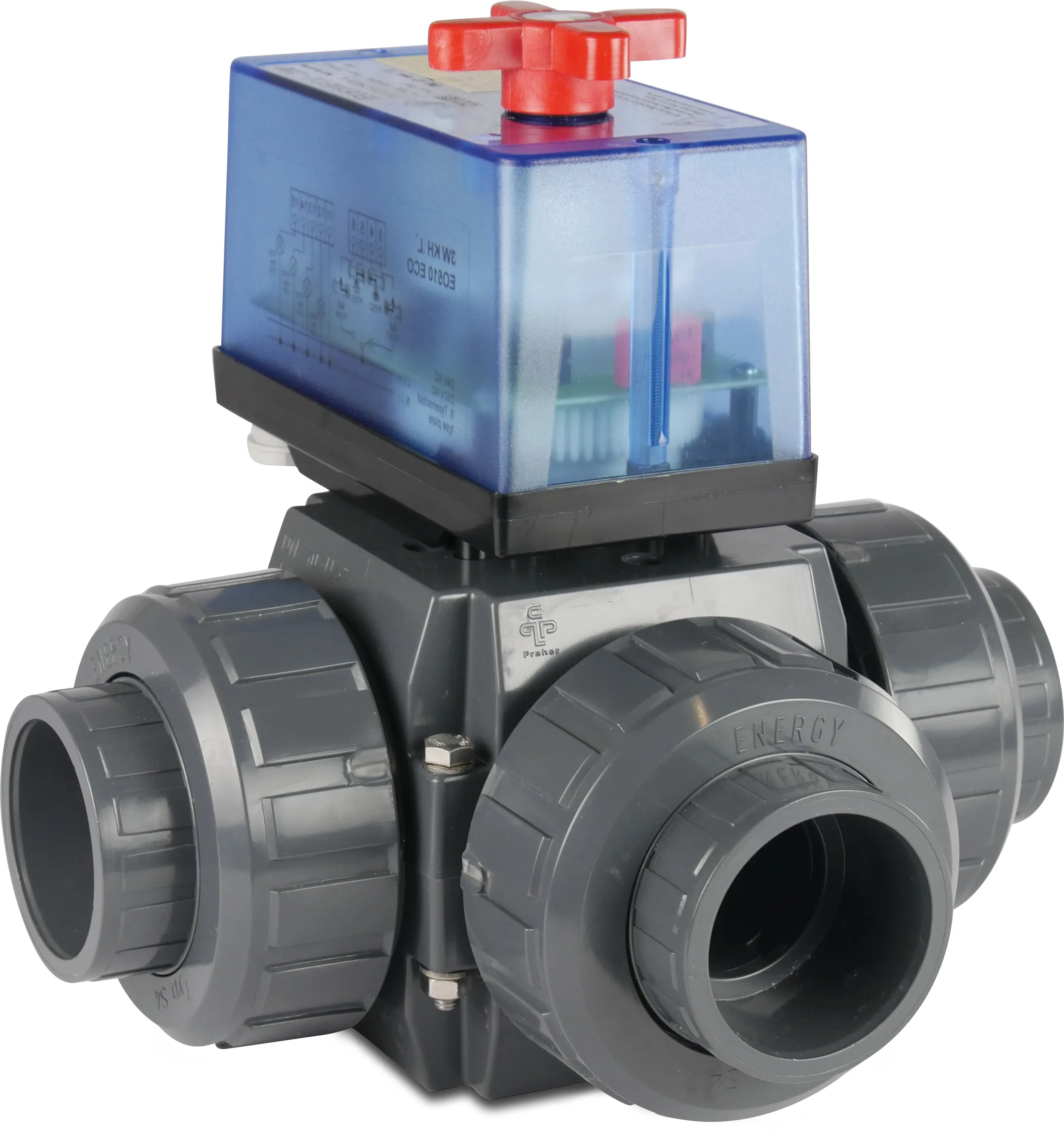 Praher 3-way ball valve L-bore PVC-U 40 mm glue socket 3bar DN32 24VAC grey type L-bore side connection