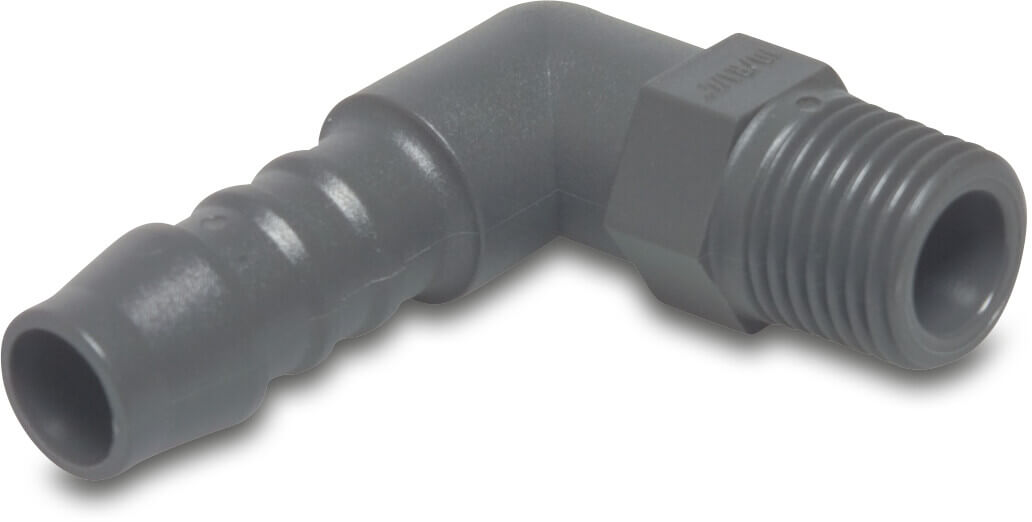 Vinkel 90° nylon 1/2" x 12 mm udvendig gevind x slangestuds 10bar grå