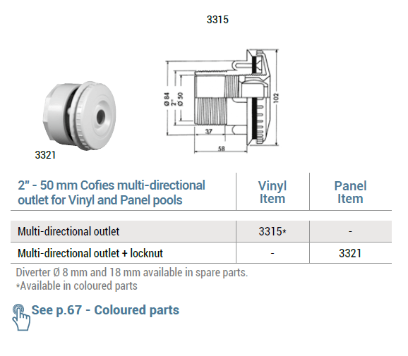 Hayward Verstelbare inspuiter ABS 50 mm x 2" lijmmof x buitendraad donkergrijs 22 mm nozzle
