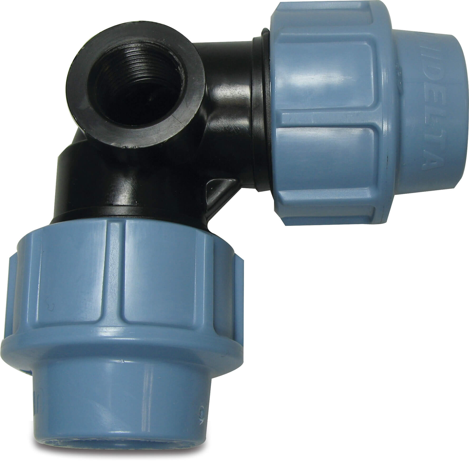 Unidelta Elbow 90° PP 32 mm x 1/2" x 32 mm compression x female thread x compression 16bar black/blue DVGW/KIWA/WRAS