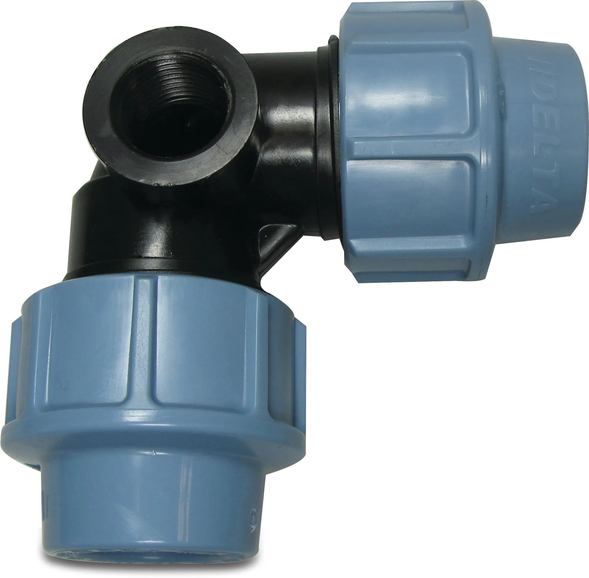 Unidelta Knie 90° PP 32 mm x 1/2" x 32 mm knel x binnendraad x knel 16bar zwart/blauw DVGW/KIWA/WRAS