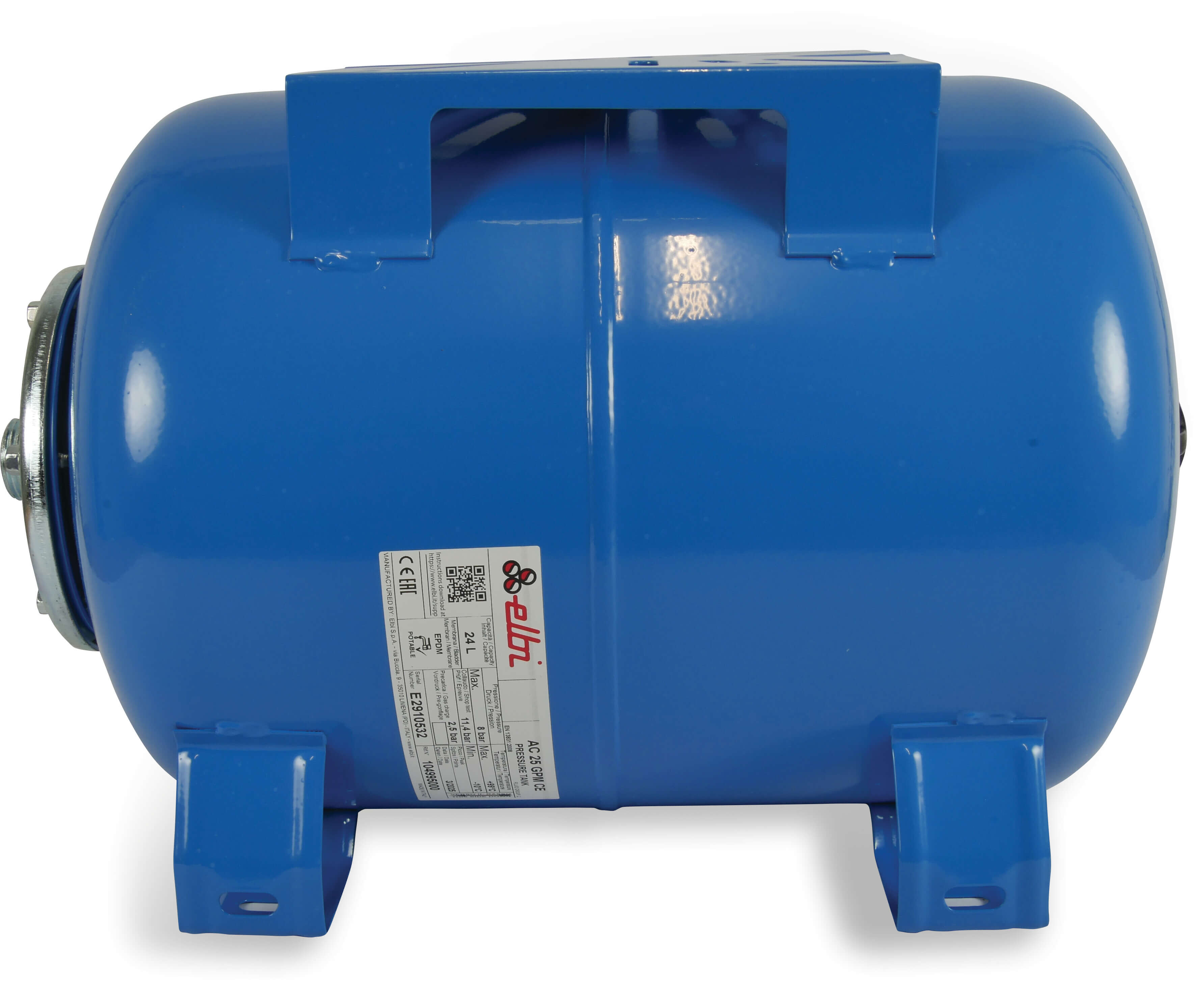 Elbi Membrane pressure tank steel powder coating 1" male thread 8bar 24ltr type horizontal
