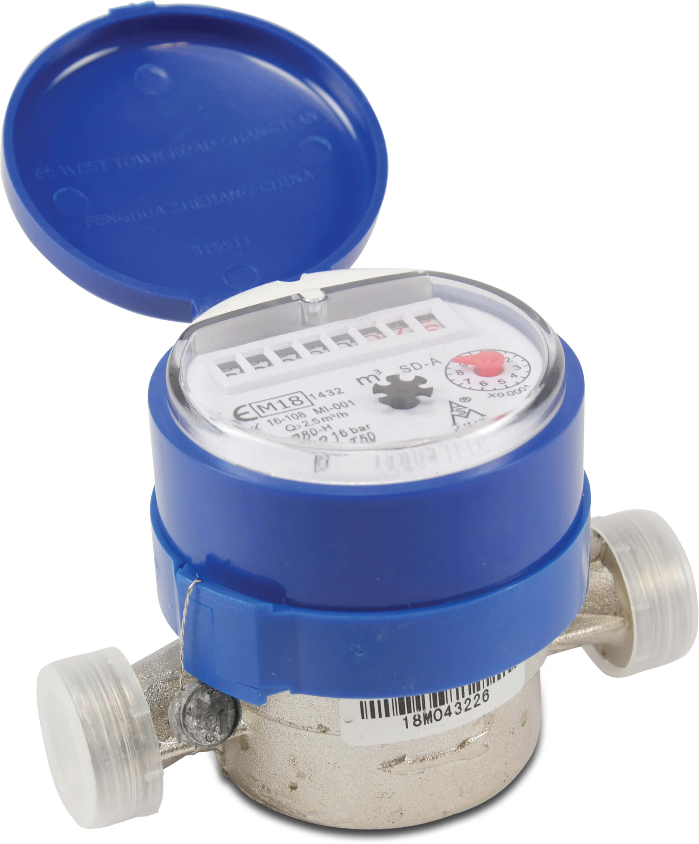 Profec Water meter brass nickel plated 3/4" male thread 16bar 0,1A 2m³/h DN20 24VAC blue CE/MID SD-A type single jet