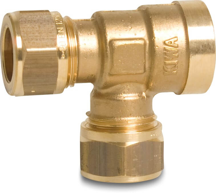 Bonfix Adaptor T-piece 90° brass 22 mm x 22 mm x 1/2" compression x compression x female thread KIWA/GASTEC