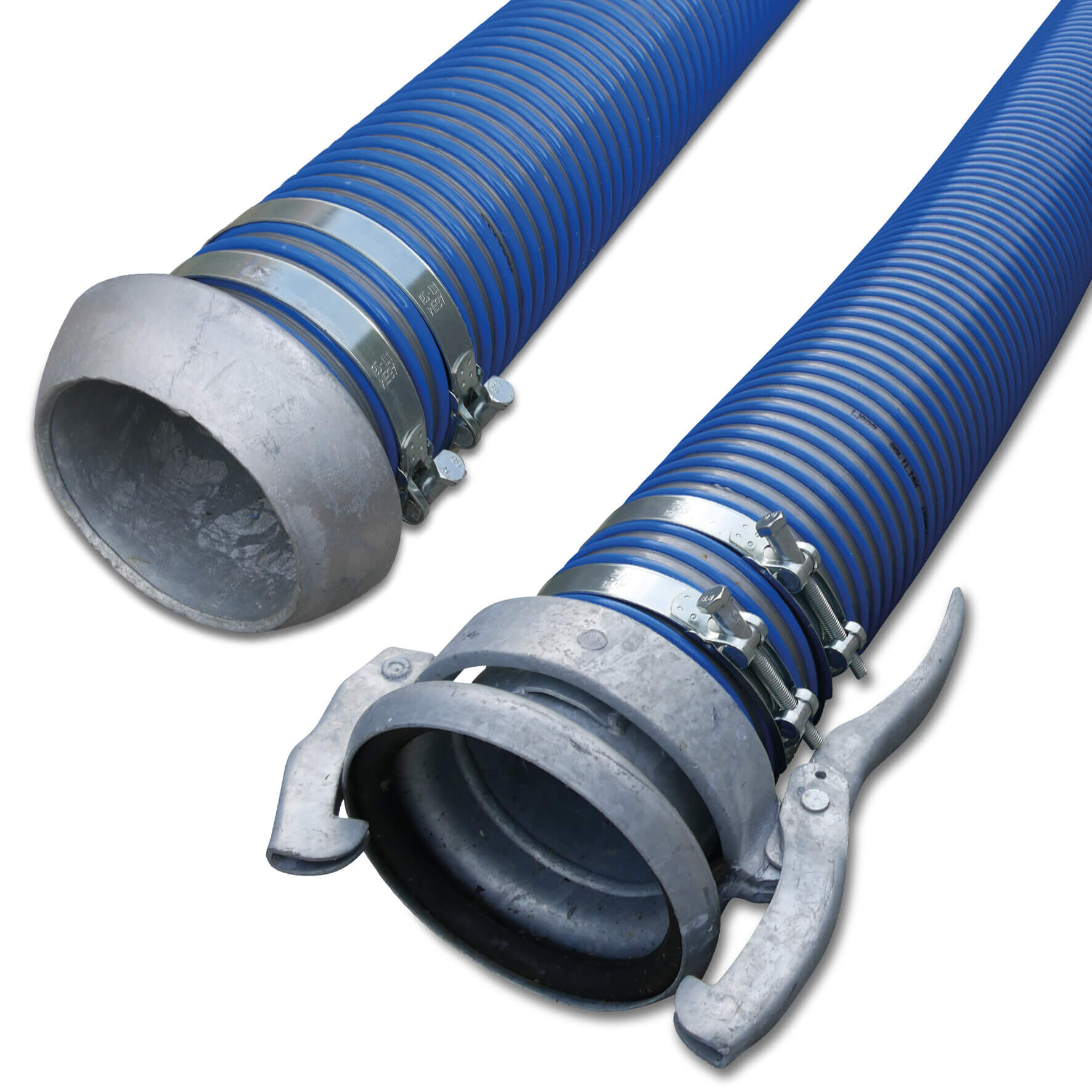 Spiralsaug- und Druckschlauch PVC 152 mm x 169,0 mm V-Teil Kardan x M-Teil Kardan 2bar Blau/Grau 5m Typ Agriflex