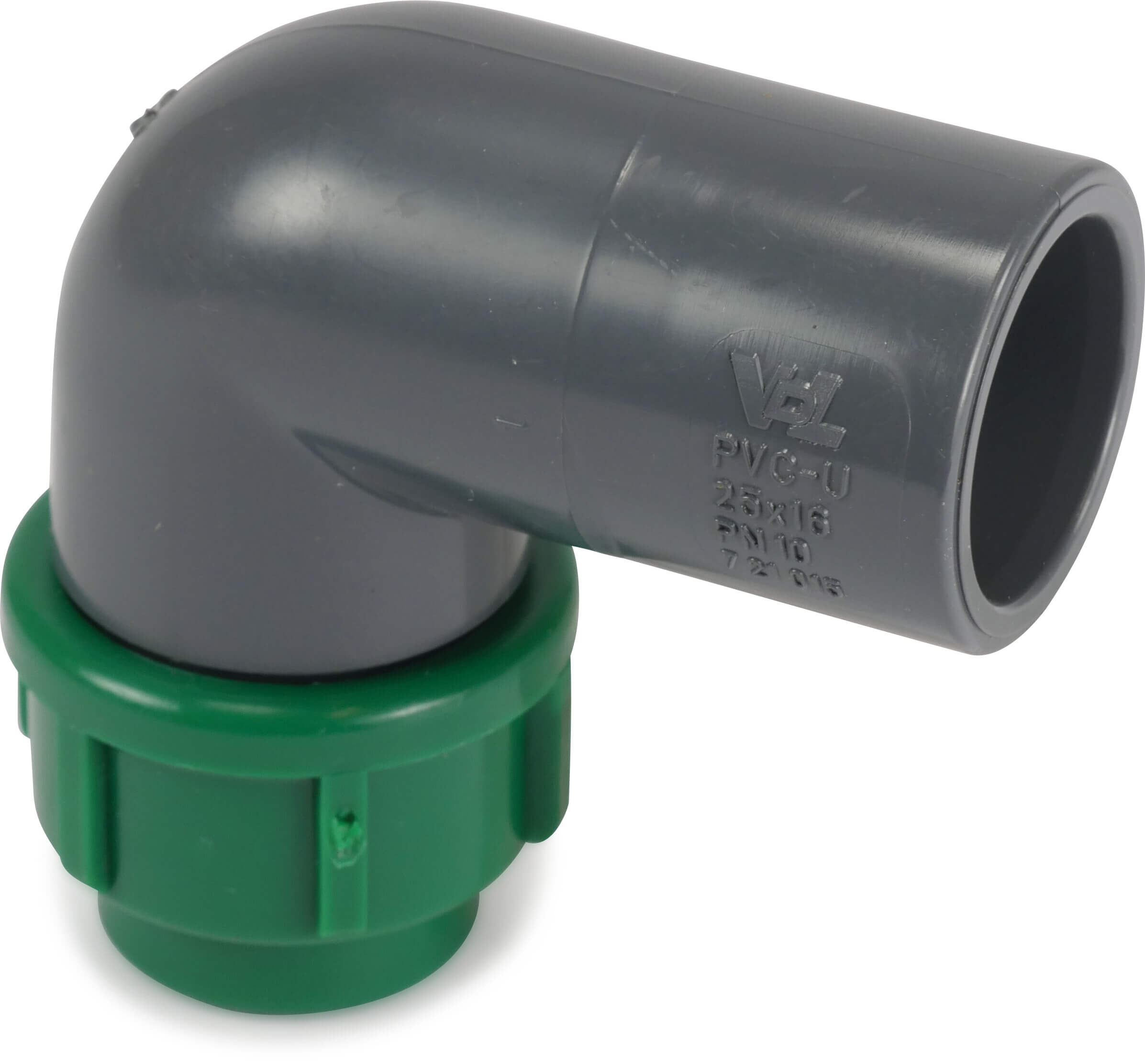 VDL Adaptor elbow 90° PVC-U/PP 10bar glue socket x compression grey/green