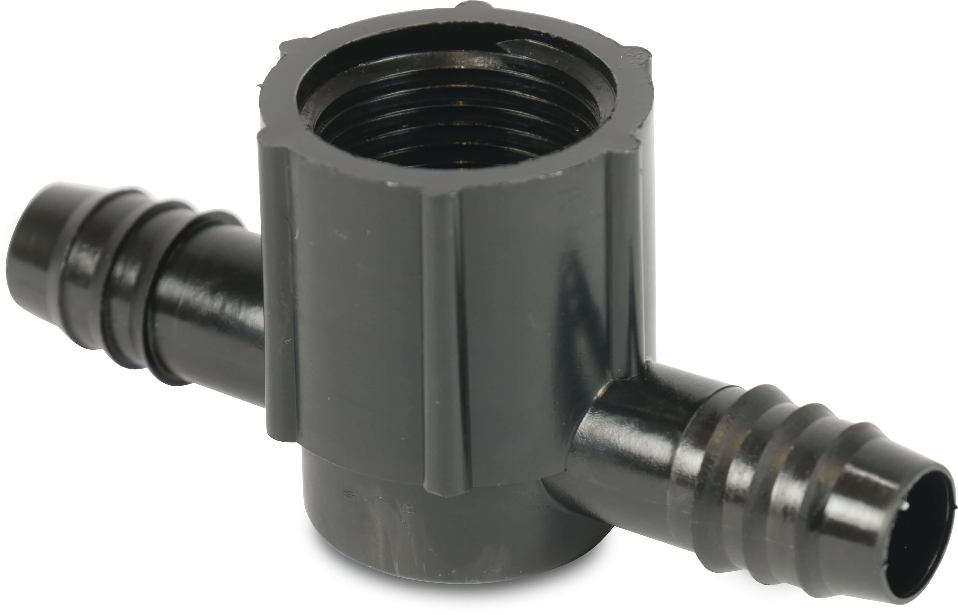 Tavlit T-piece 90° PP 16 mm x 3/4" x 16 mm barbed x female thread x barbed 4bar black type with full flow