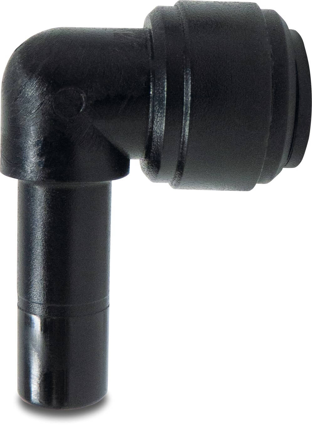 Union adaptor elbow 90° POM 4 mm spigot x push-in 20bar black WRAS