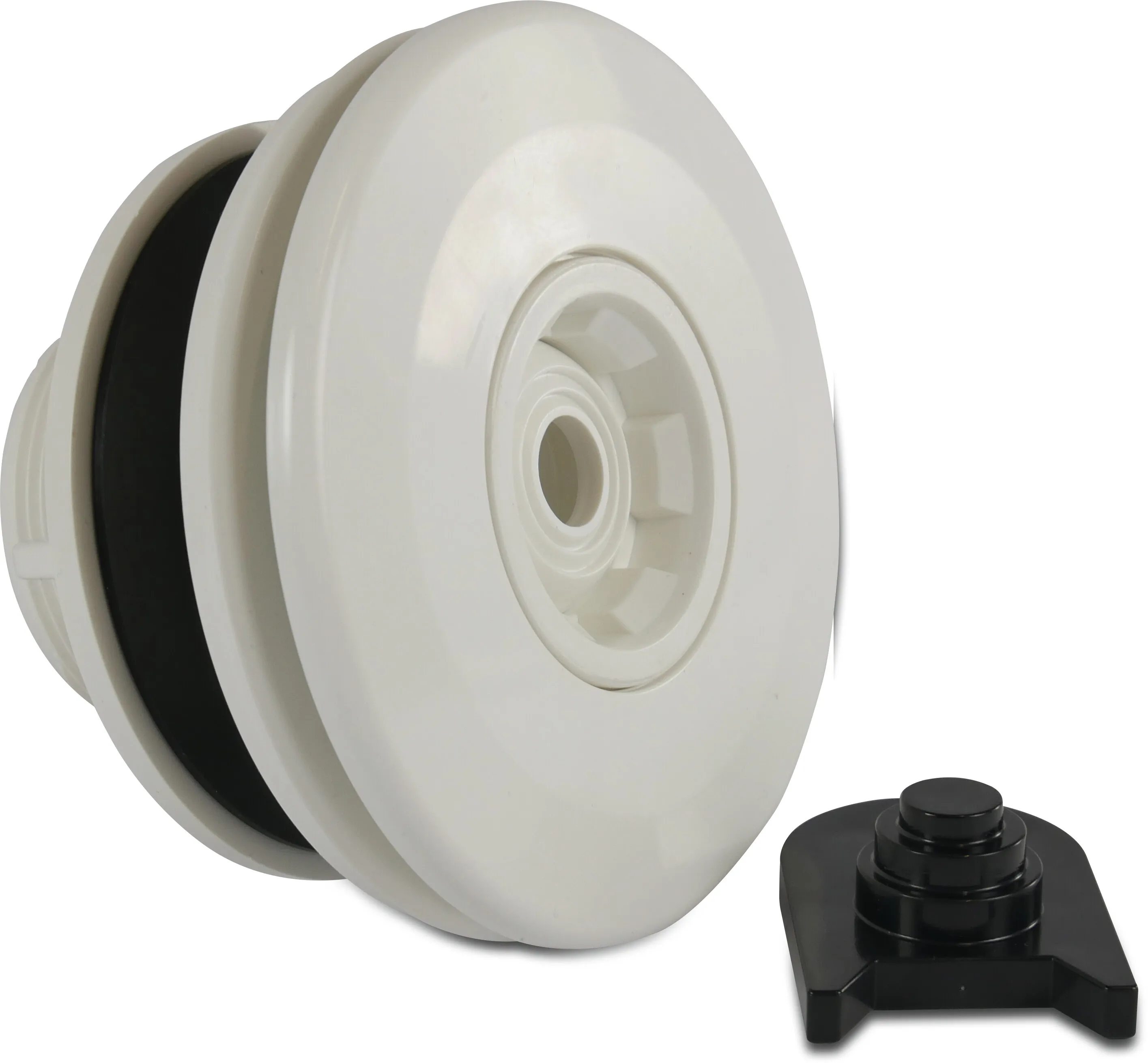 Flotide Justerbart utlopp ABS 50 mm x 2" limsockel x utvändig gänga vit 14 mm munstycke för liner pooler type med mässing M5 gänga