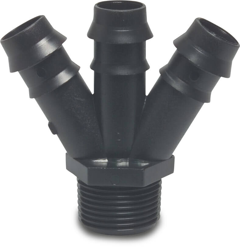 3 way barbed distributor PP 3/4" x 20 mm x 20 mm x 20 mm male thread x barbed x barbed x barbed 4bar black