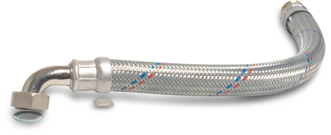 Braided hose steel galvanised 1" male thread x female threaded nut 8bar 50cm angled KTW/DVGW type angled