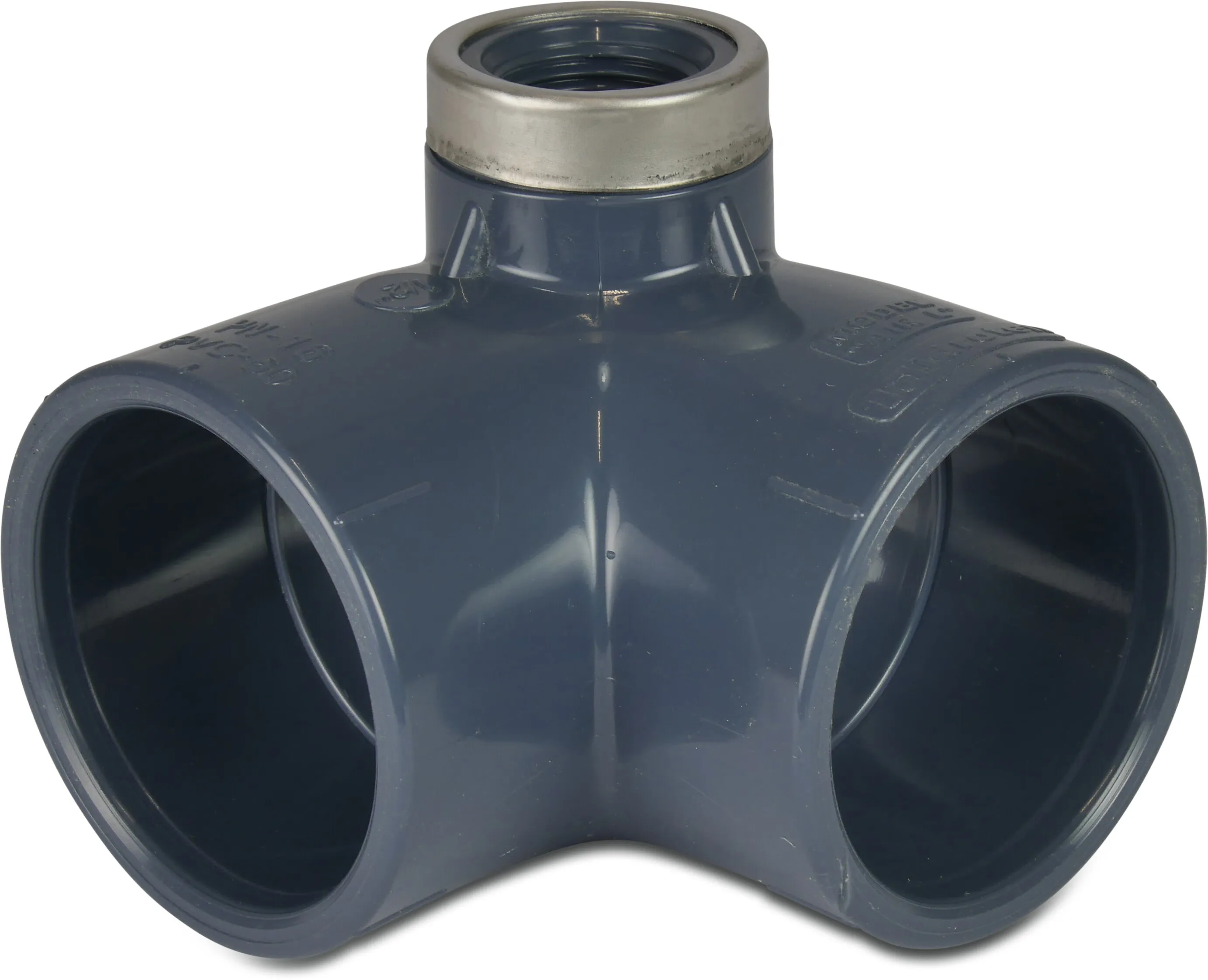Elbow 90° with side outlet PVC-U 50 mm glue socket 16bar 1/2" grey