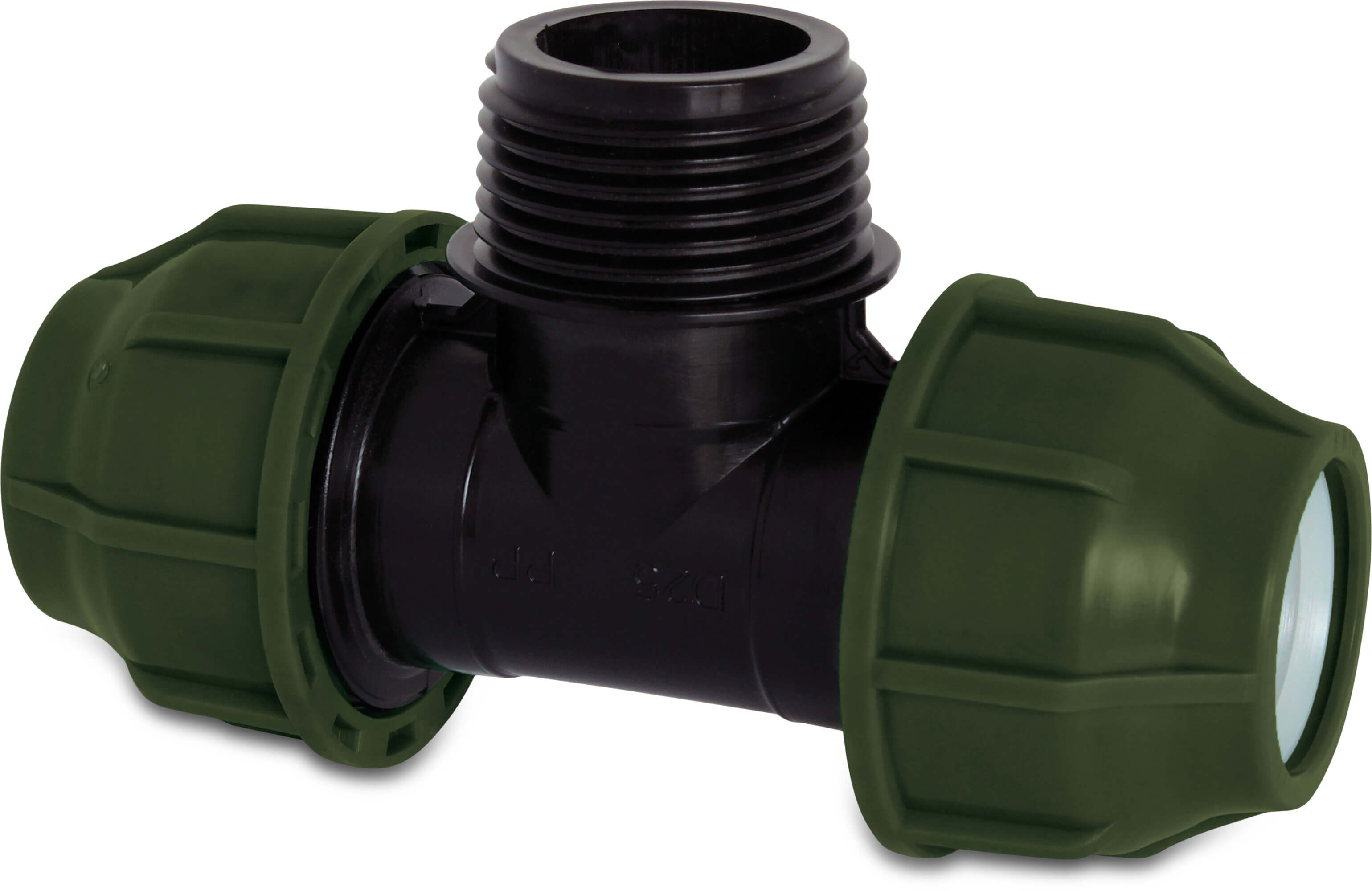 T-piece 90° PP 20 mm x 3/4" x 20 mm compression x male thread x compression 10bar black/green