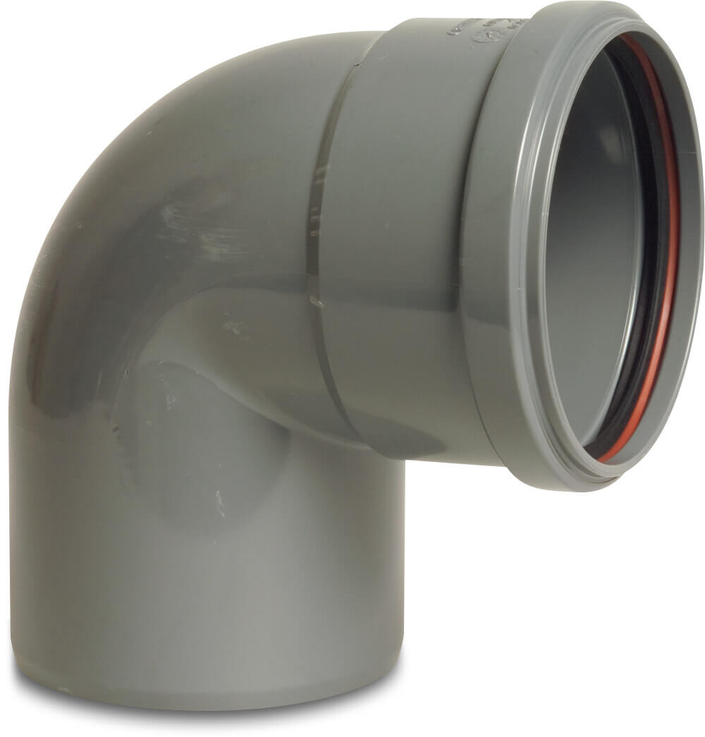 Bogen 87° PVC-U 125 mm SN4 Steckmuffe x Stutzen DN125 Grau KOMO/BENOR kurz