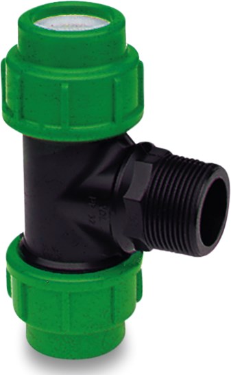 VDL Adaptor T-piece 90° PP 16 mm x 3/8" x 16 mm compression x male thread x compression 16bar black/green KIWA