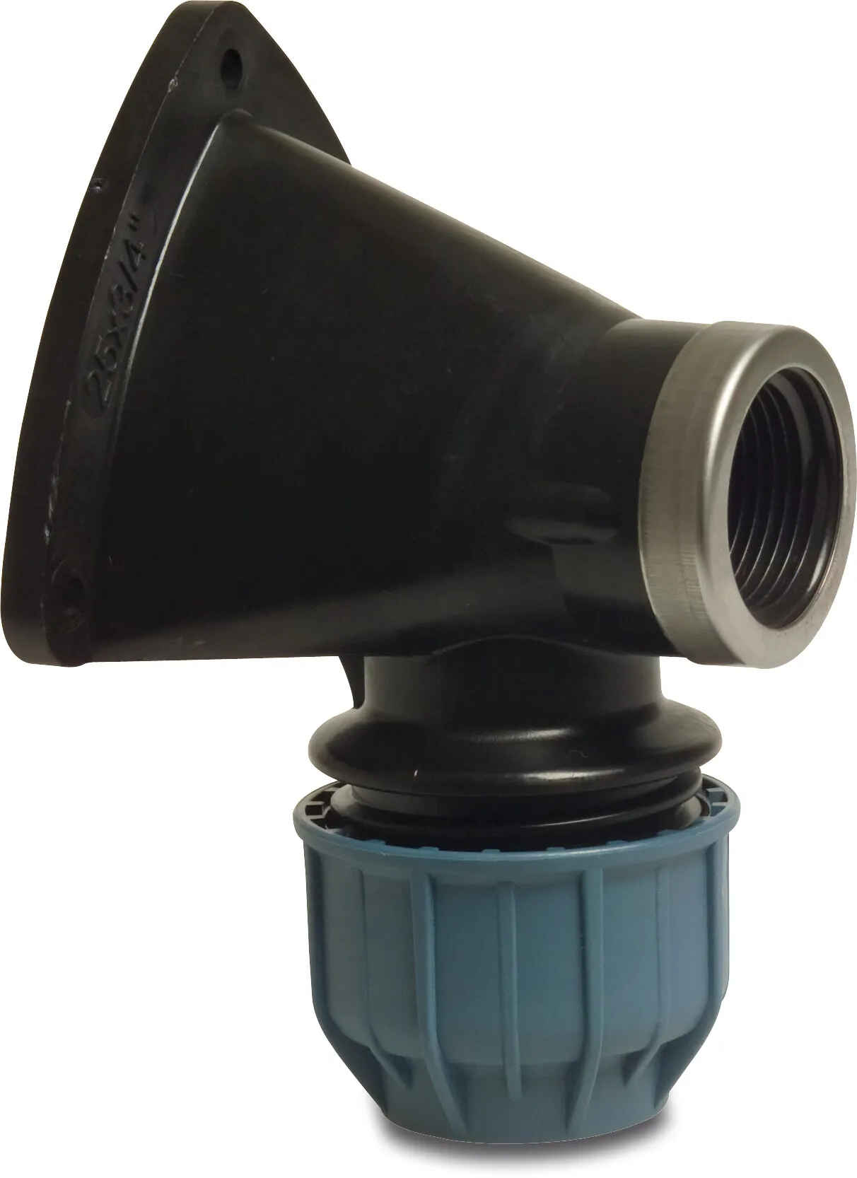 Jason Coude à 90° du pourtour PP 20 mm x 1/2" à serrer x filetage femelle 16bar noir/bleu DVGW/KIWA/WRAS/SVGW