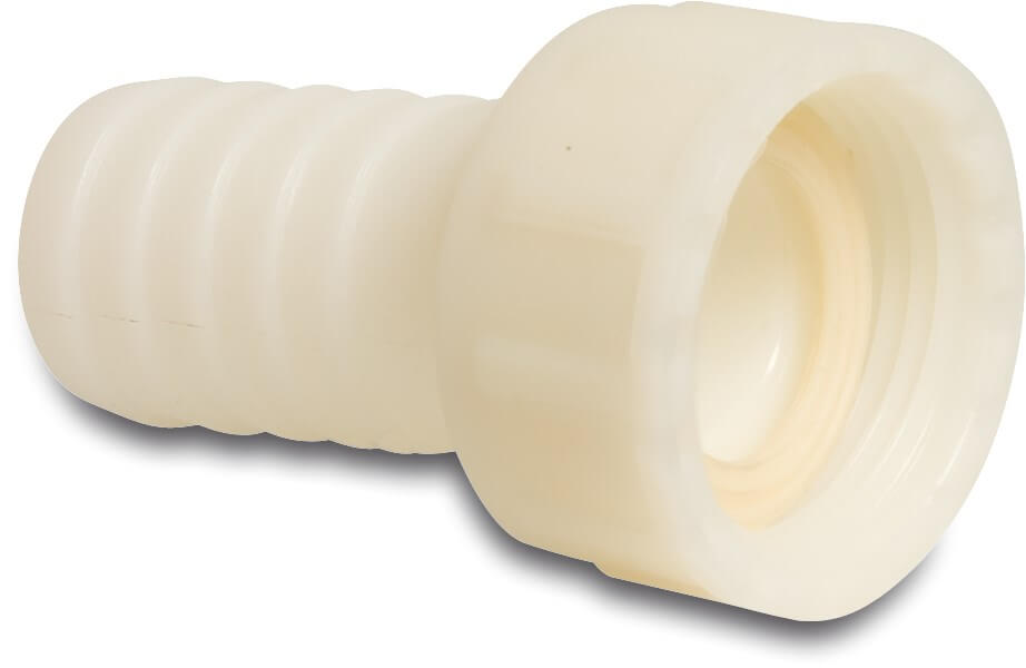 Hose tail 2/3 union adaptor PA (nylon) 3/8" x 9 mm female threaded nut x hose tail 16bar white