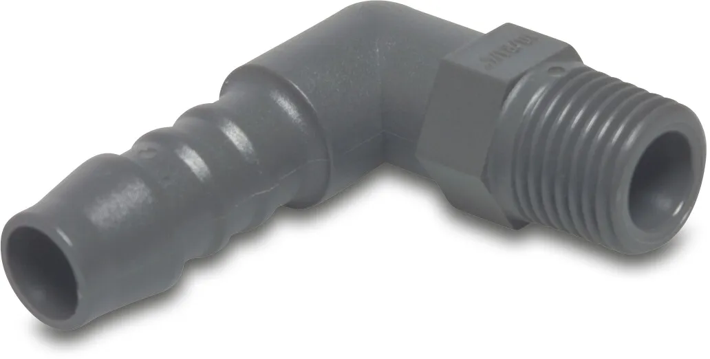 Knie 90° nylon 1" x 25 mm buitendraad x slangtule 10bar grijs