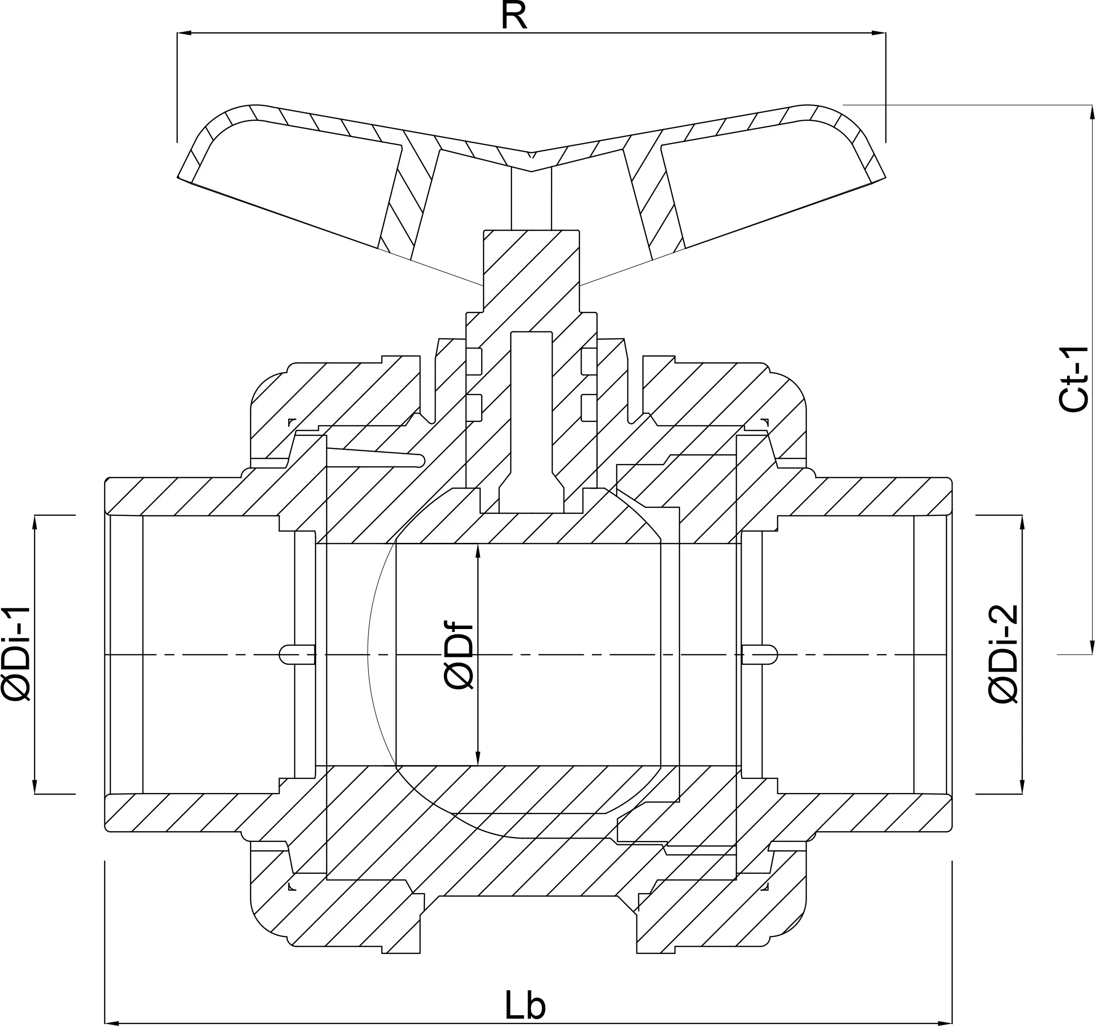 3-way ball valve T-bore PVC-U 20 mm glue socket 10bar DN15 grey type T-bore side connection