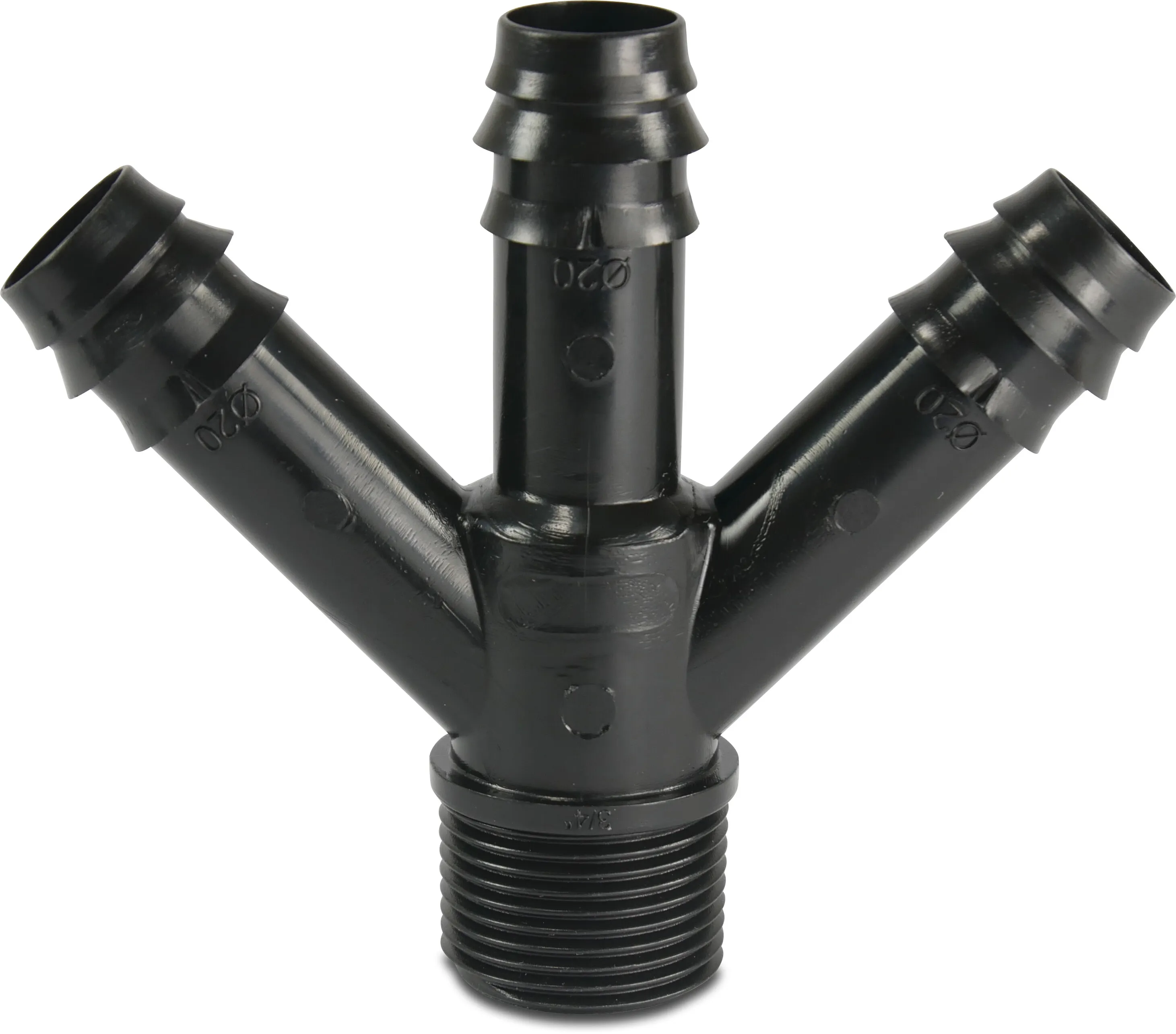 3-weg verdeler POM 20 mm x 3/4" barbed x buitendraad 4bar zwart