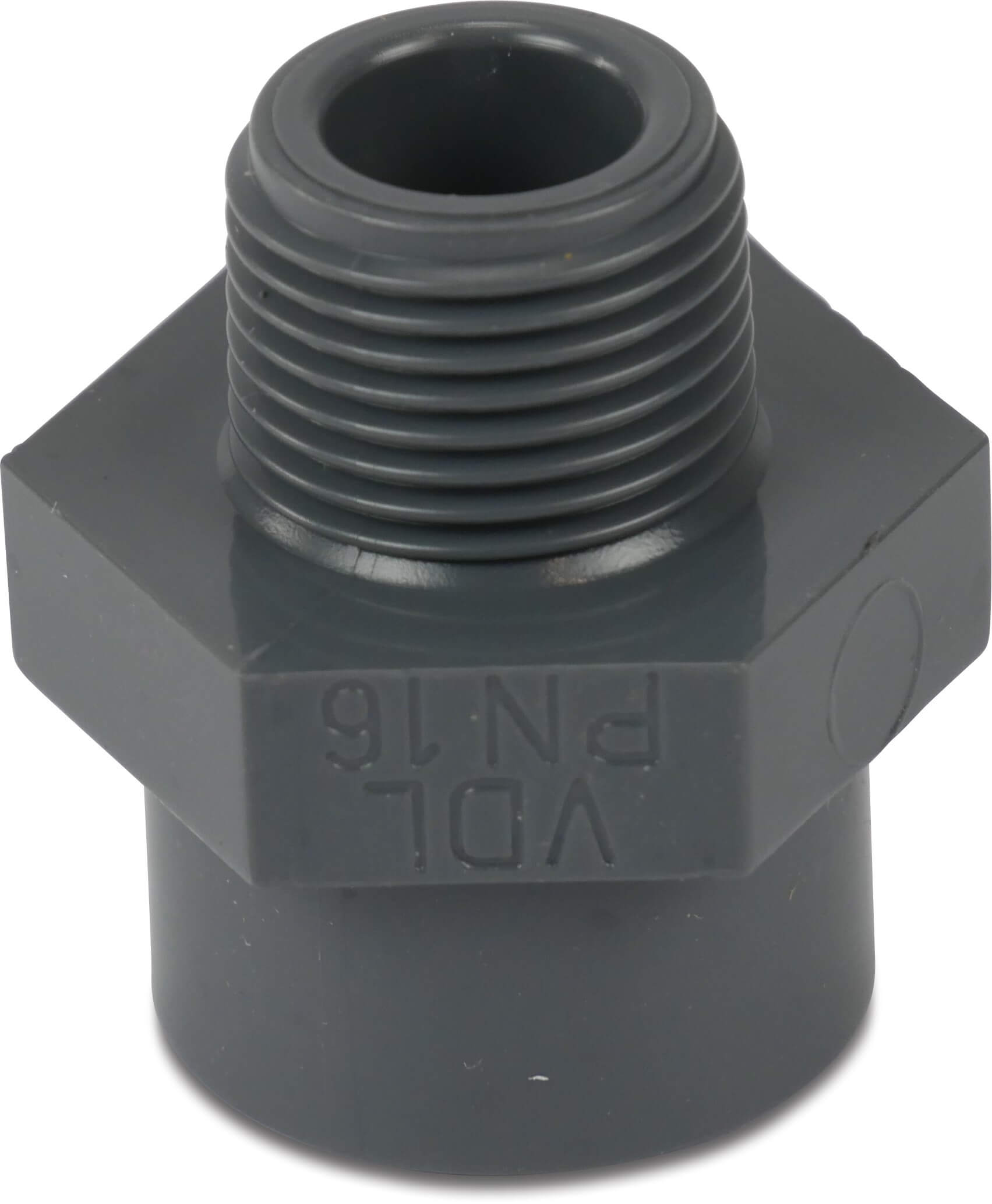 VDL Adaptor bush PVC-U 10/16 mm x 1/4" glue socket/glue spigot x male thread 16bar grey type hexagon