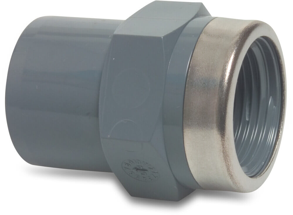 Profec Adaptor socket PVC-U 16/25 mm x 1/2" glue socket/glue spigot x female thread 16bar grey with stainless steel ring type reinforced