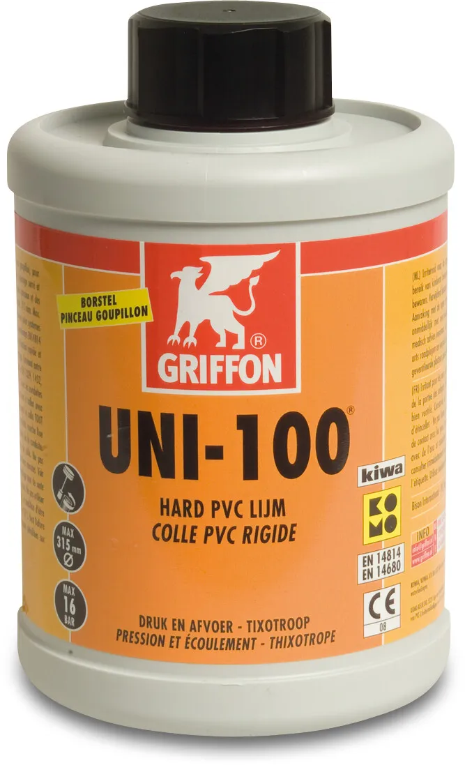 Griffon PVC-lijm transparant 0,5ltr met kwast KIWA type Uni-100 label NL/FR