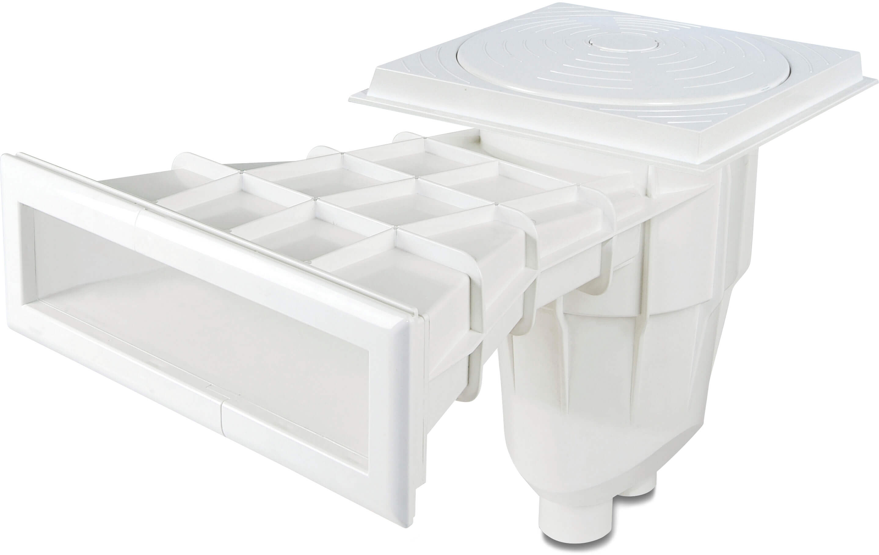 High waterline skimmer wide ABS 50/63 mm glue socket white rectangular type with brass M6 thread