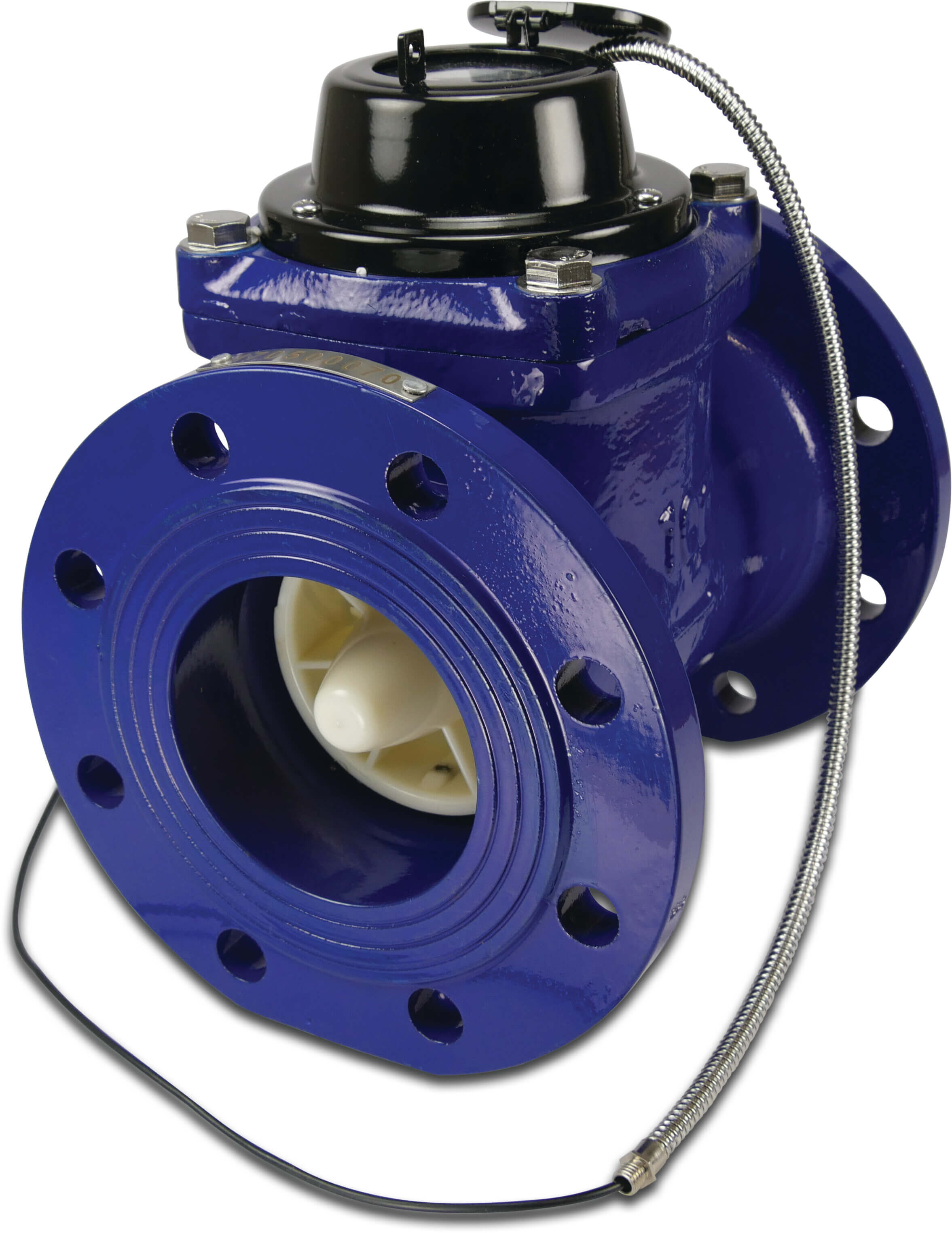 Profec Watermeter droog gietijzer DN100 DIN flens 10bar 0,01A 60m³/h 24V blauw LXLC/FX type Woltman horizontaal met puls