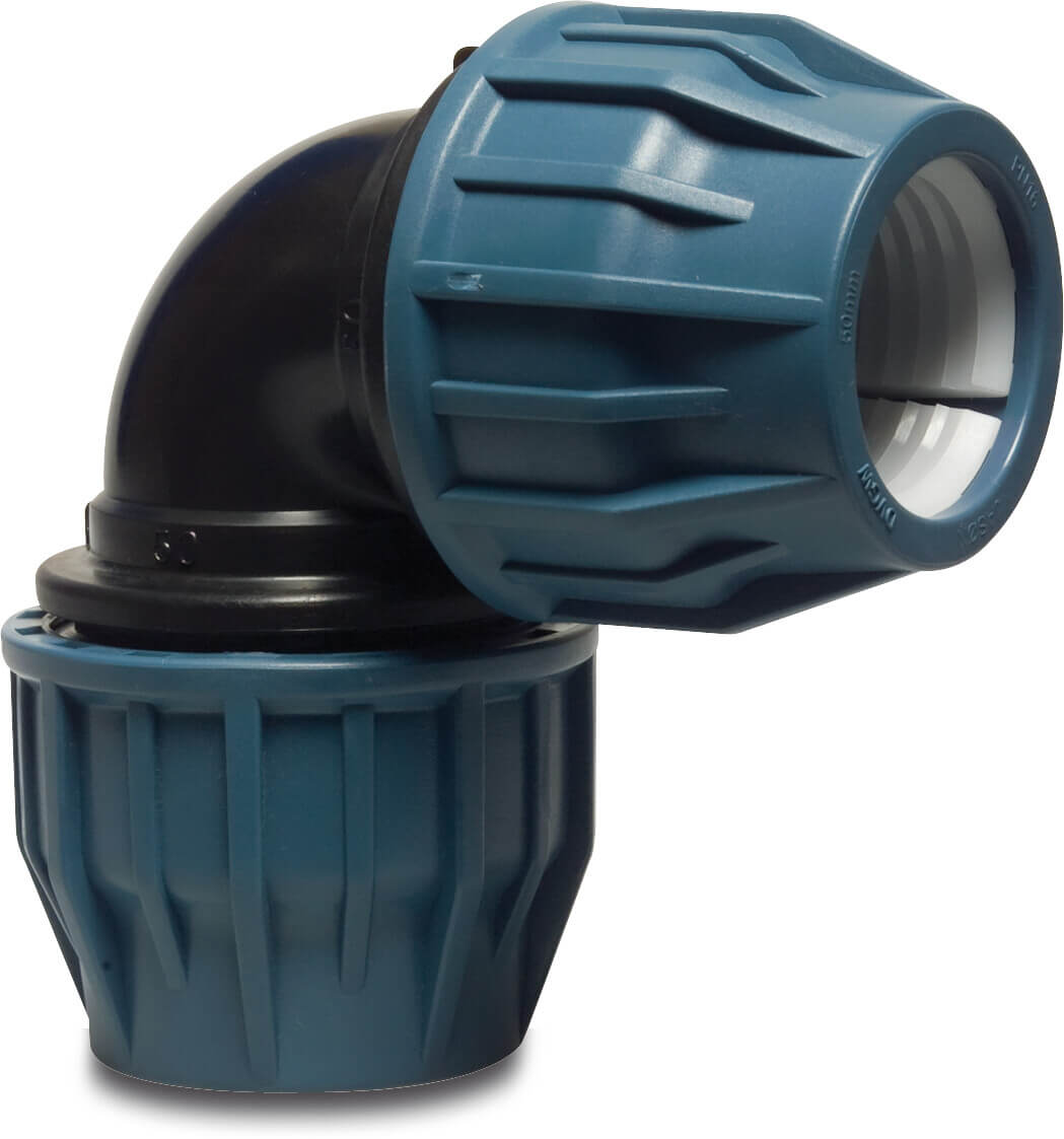 Jason Elbow 90° PP 110 mm compression 16bar black/blue DVGW/KIWA/WRAS type EZ